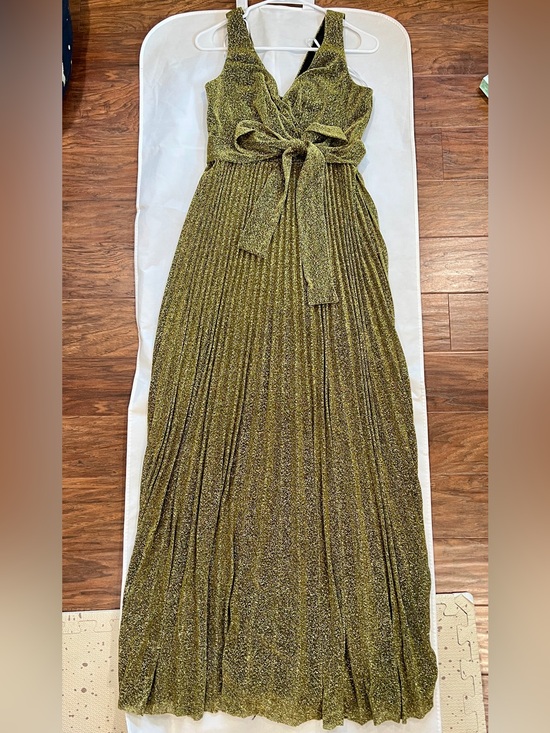 Lulus Dresses & Skirts - Lulus Pleated Gold Shimmer Maxi Dress with Self Tie Size M